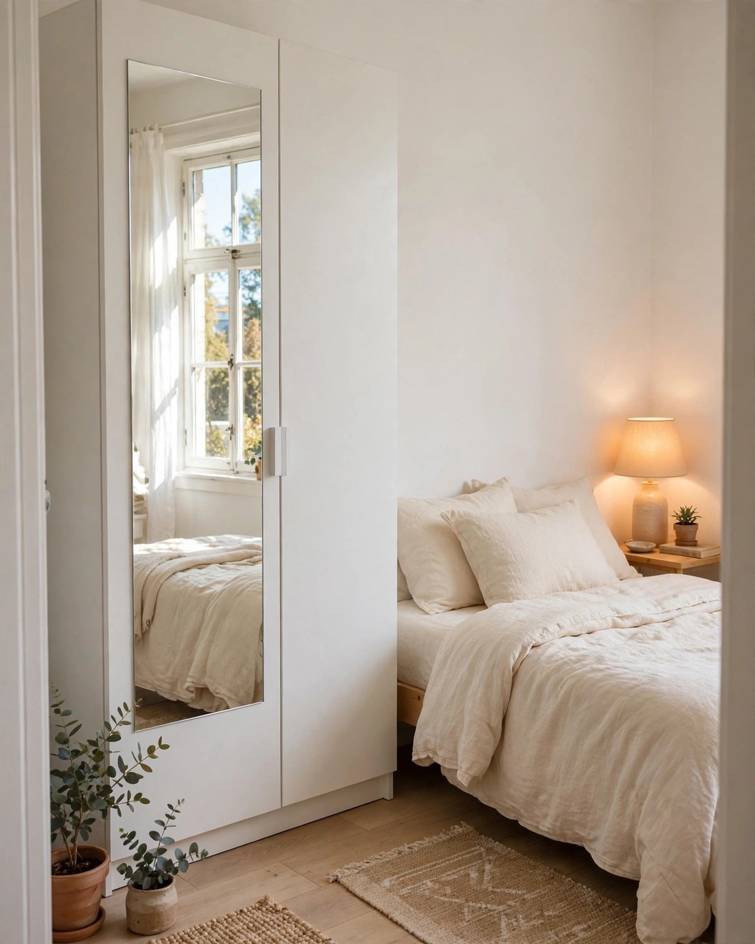 Full-length mirror mounted on a white wardrobe door