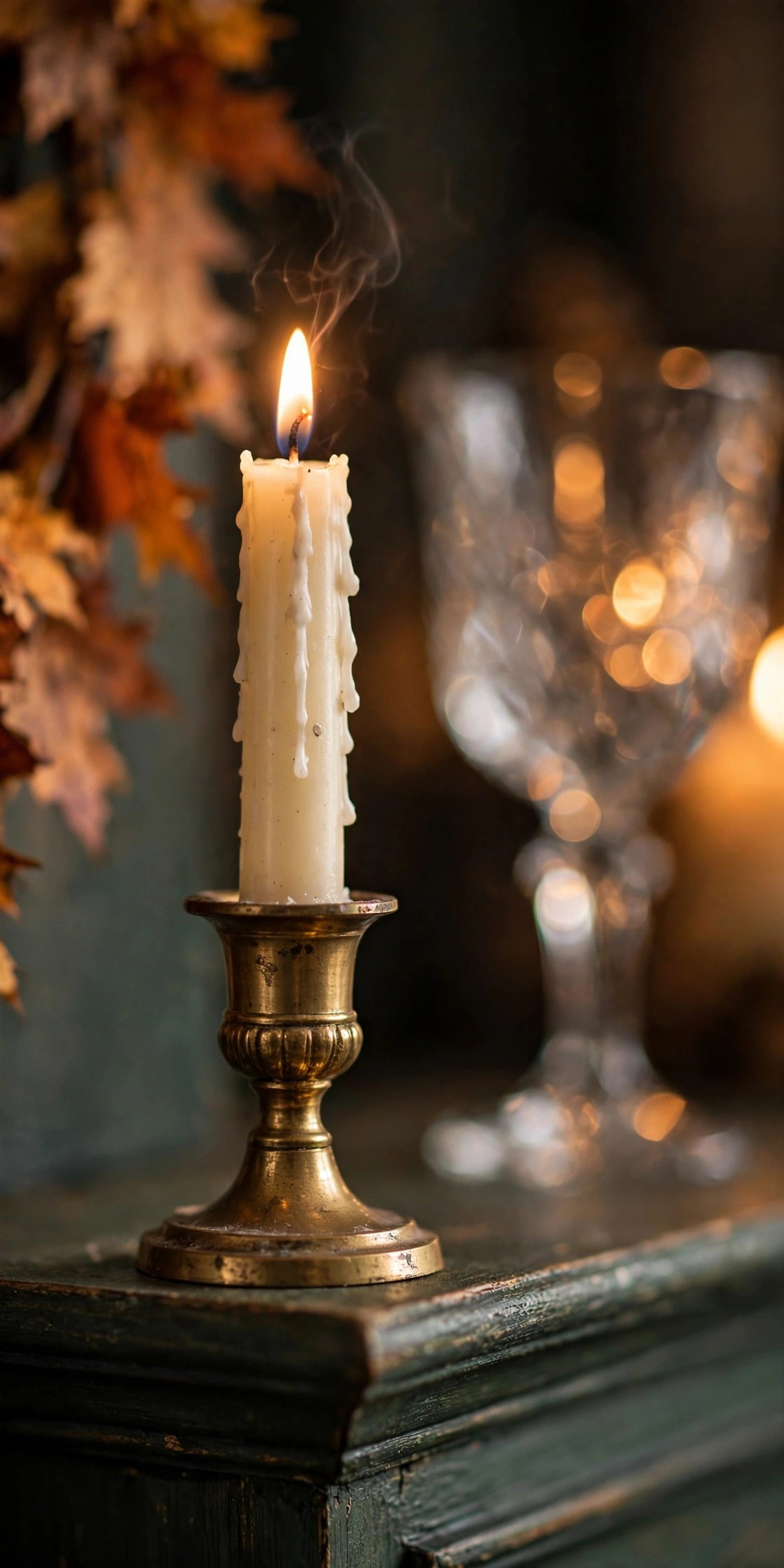 Close-up of styled Thanksgiving mantel corner with candle
