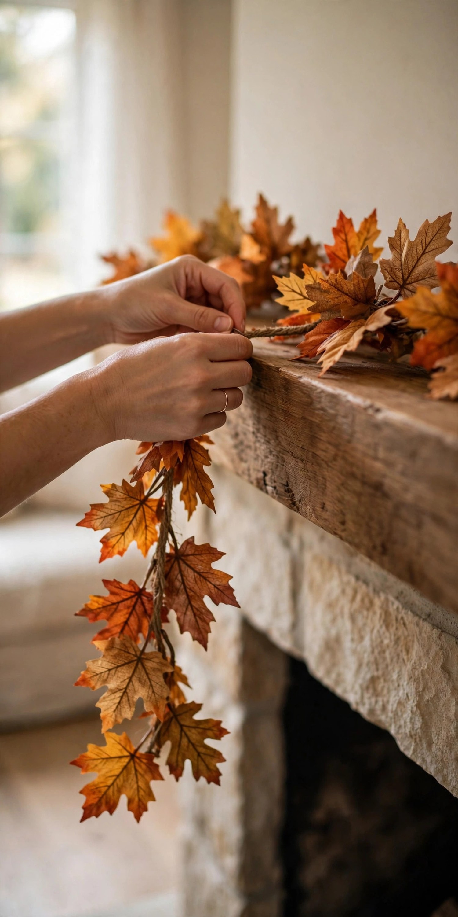 Hands draping a leaf garland along a fireplace mantel