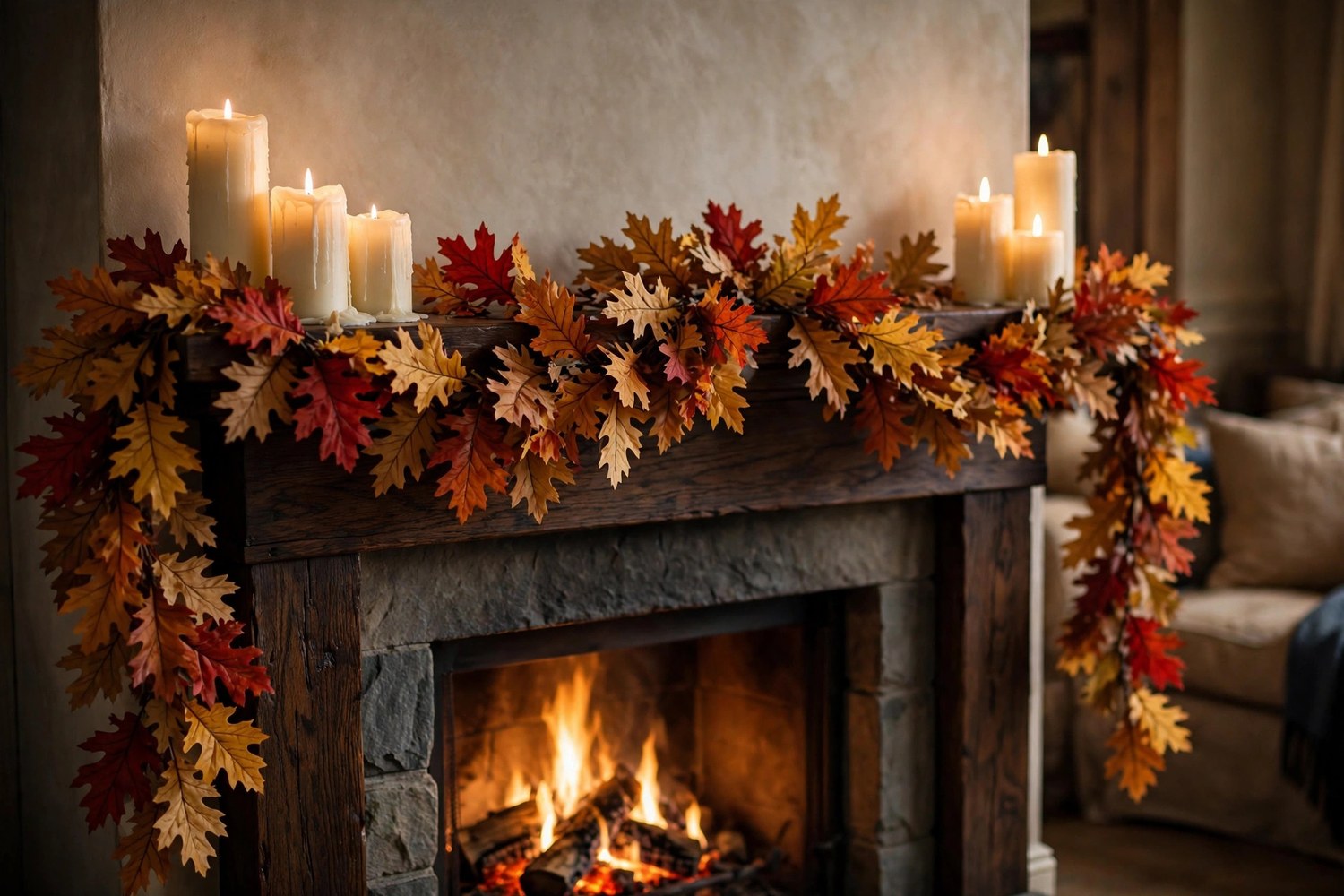 Thanksgiving fireplace mantel with leaf garland and candles