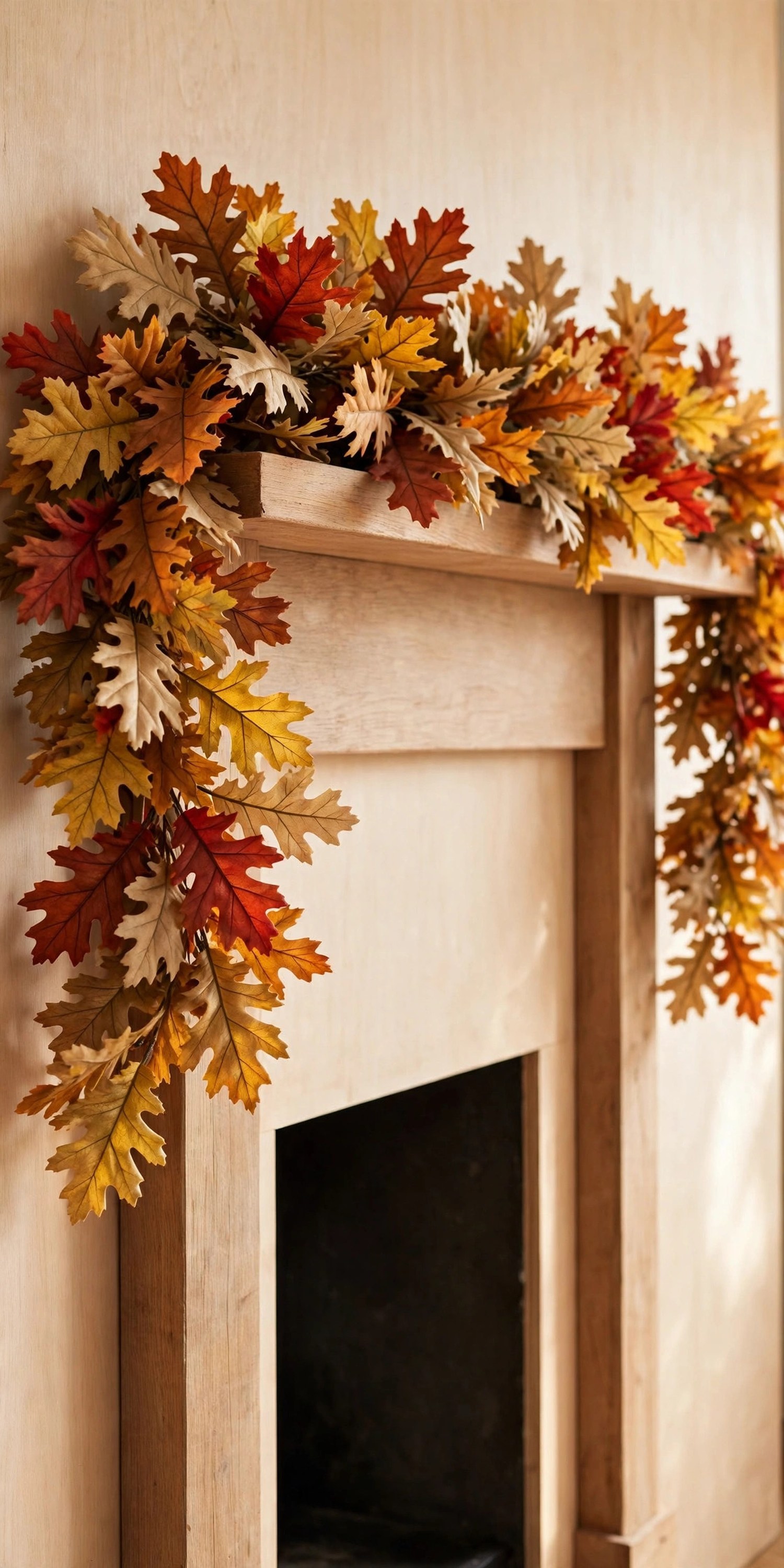 Oak leaf garland draped along a wooden fireplace mantel