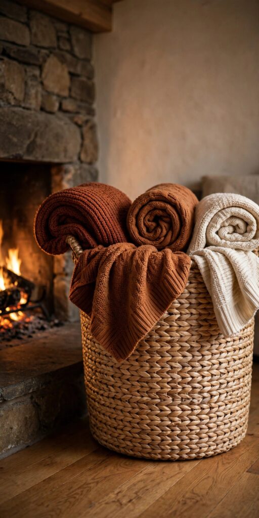 Woven basket with rolled knit blankets beside a fireplace