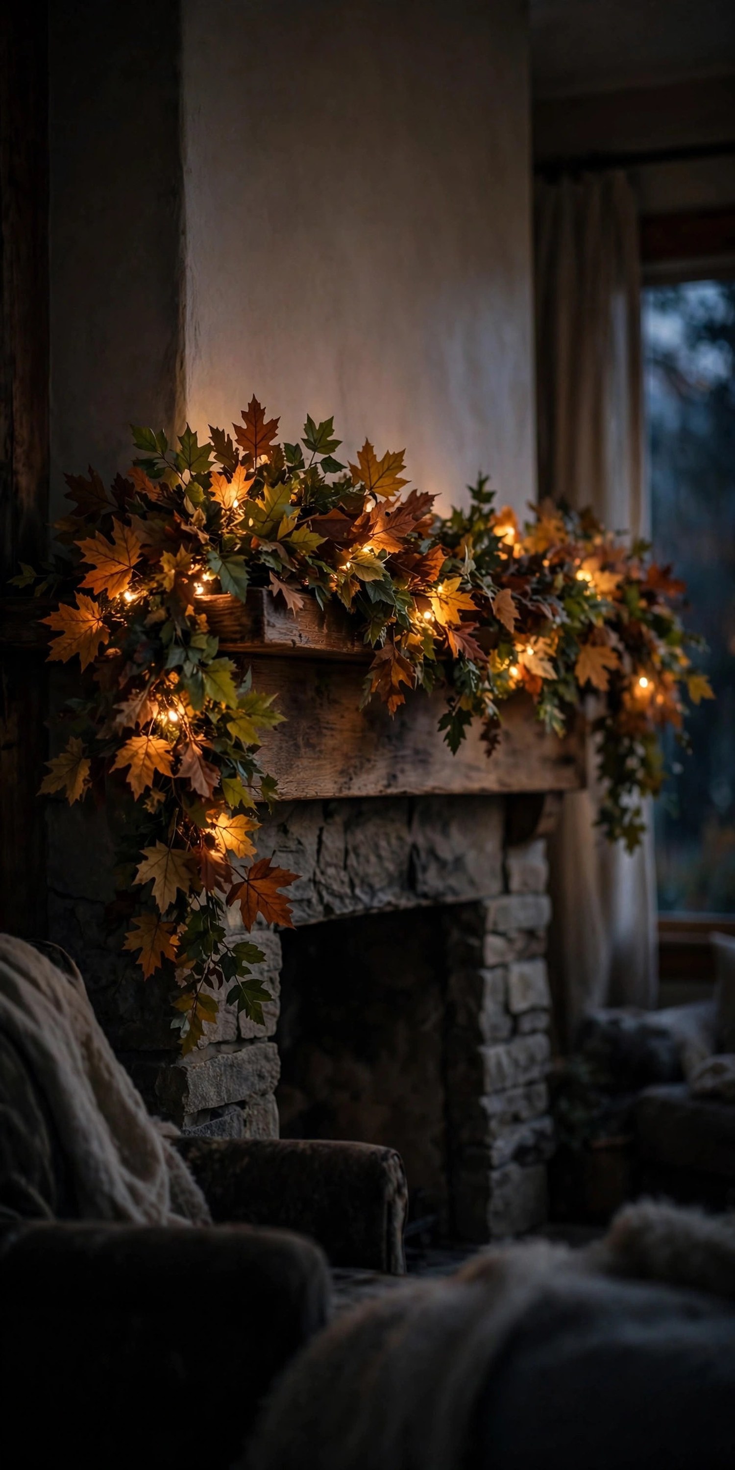 Mantel garland woven with glowing fairy lights at dusk