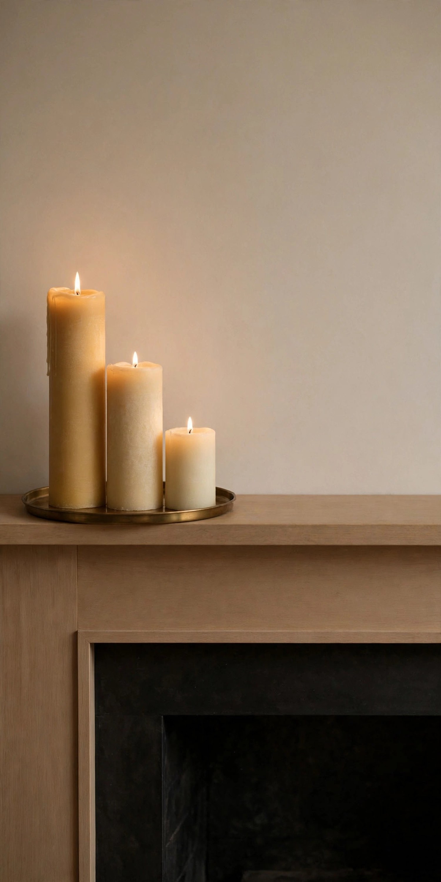 Pillar candles in graduated heights on a Thanksgiving mantel