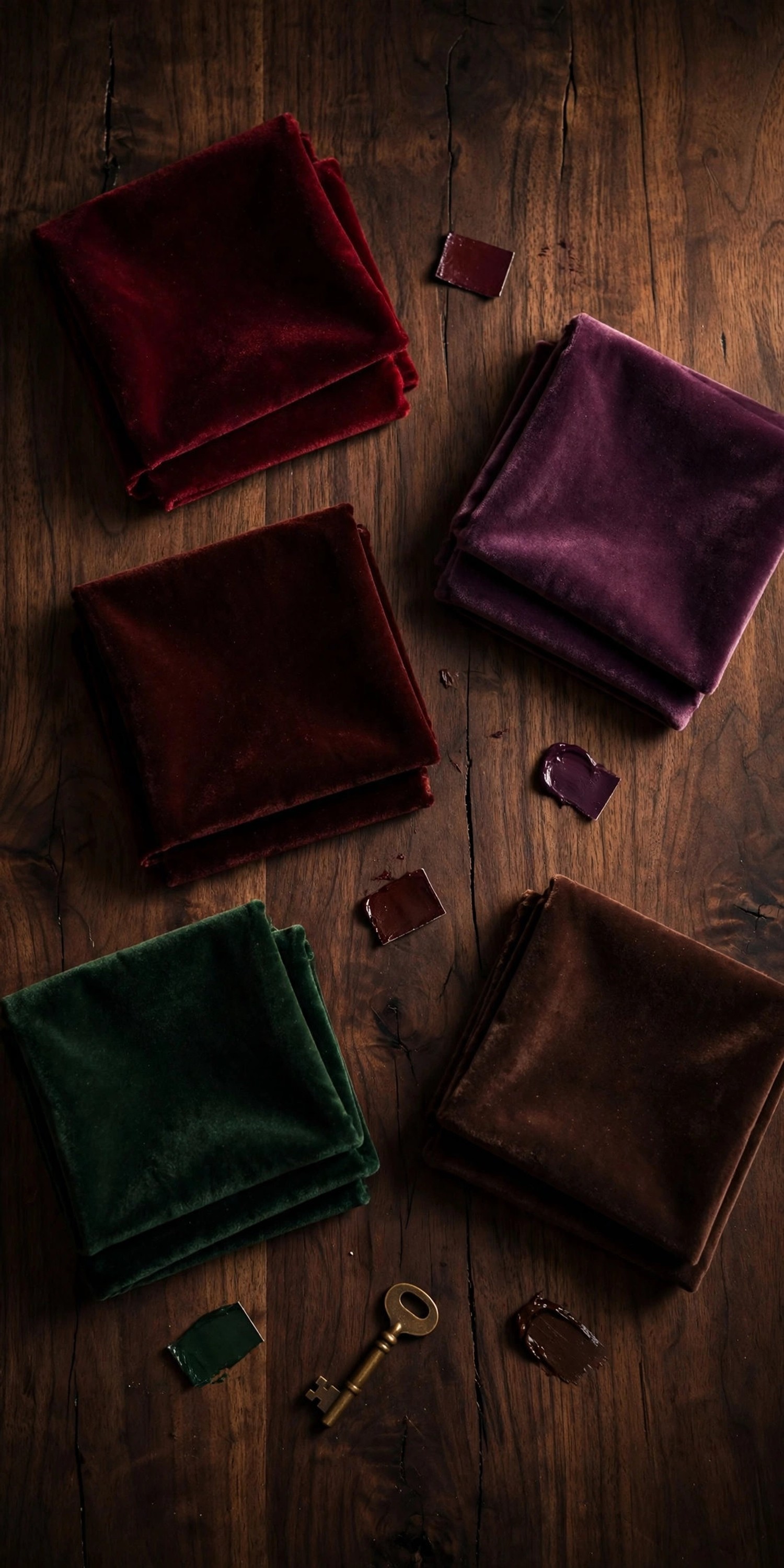 Moody fall color palette in burgundy plum forest green and chocolate on dark wood