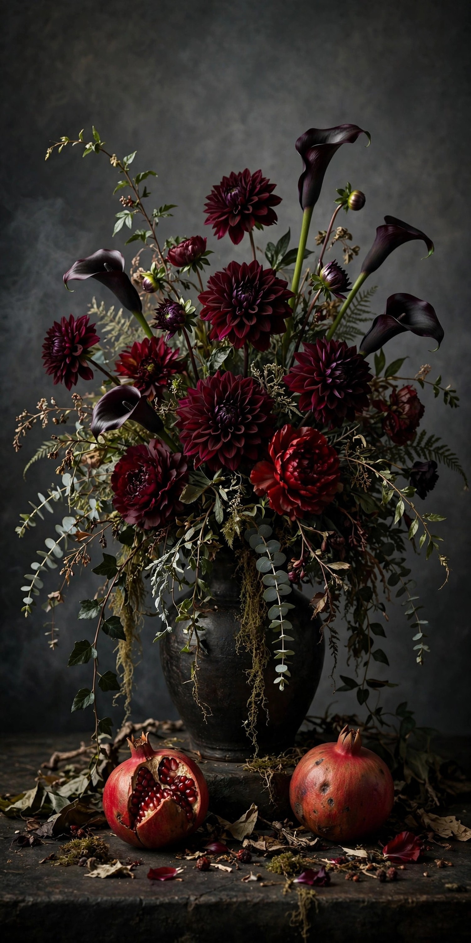 Burgundy dahlias and black calla lilies with pomegranates in dark vase