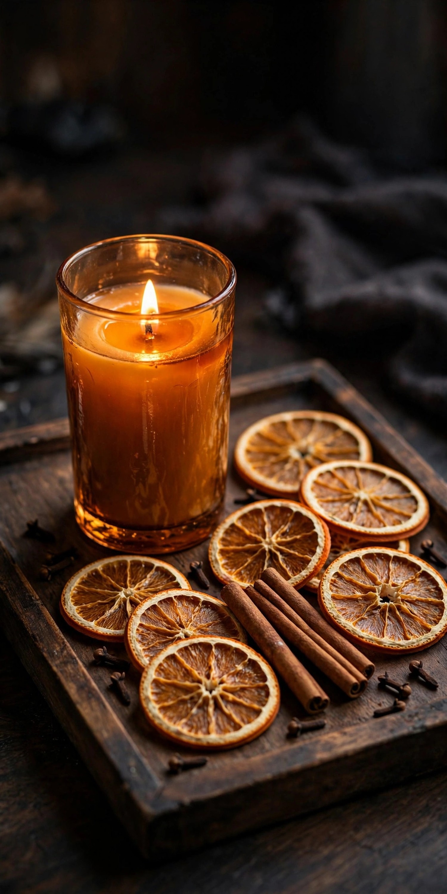 Glowing amber candle with dried orange slices cinnamon and cloves