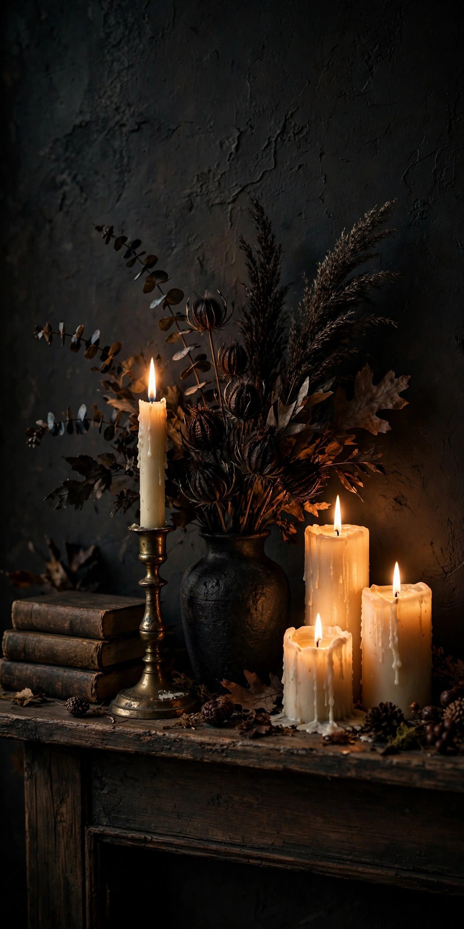 Moody fall mantel with pillar candles dark florals books and brass