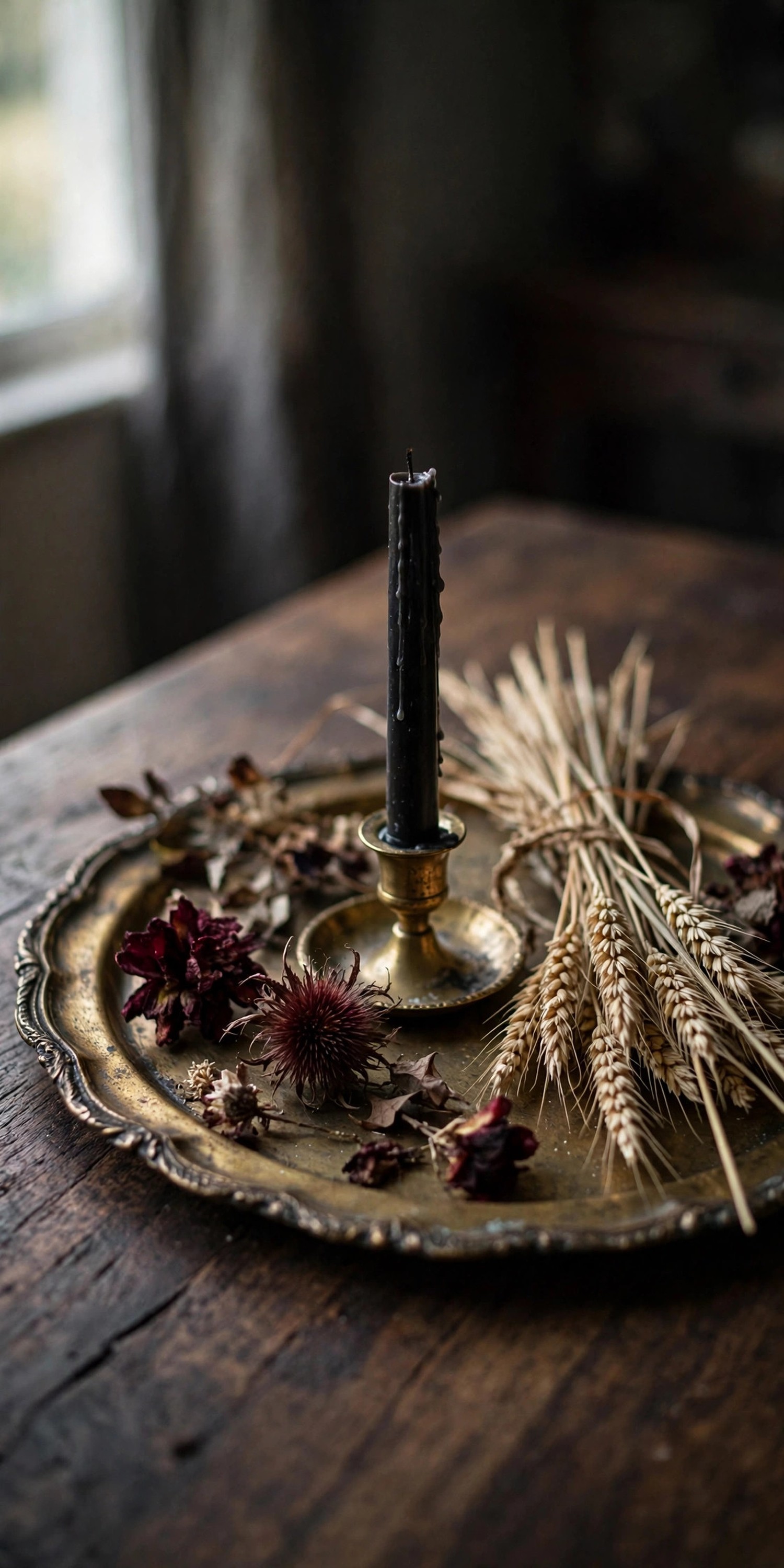 Antique brass tray with black taper candle wheat and dried flower