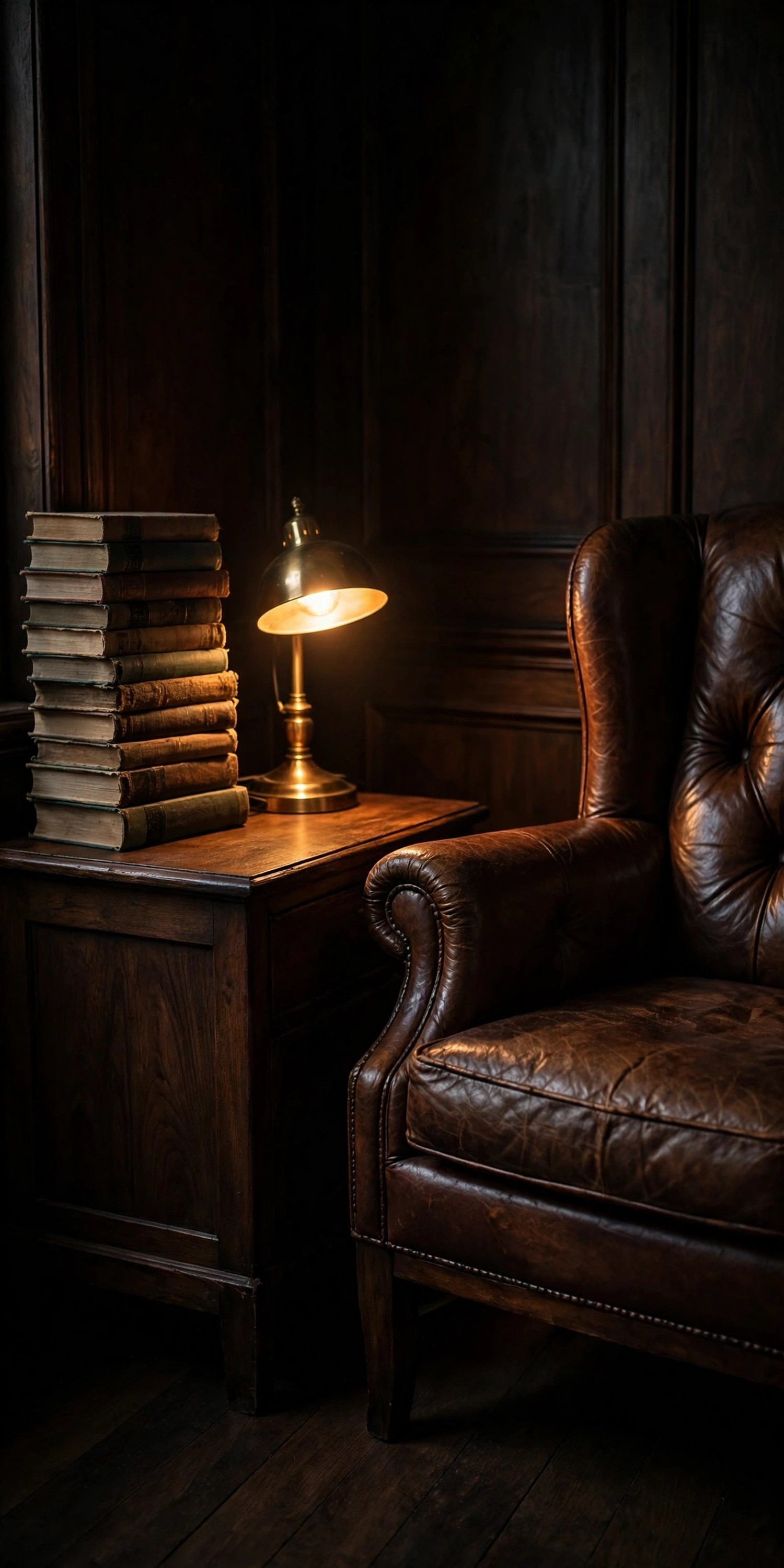 Dark walnut side table with brass lamp and vintage books beside reading chair