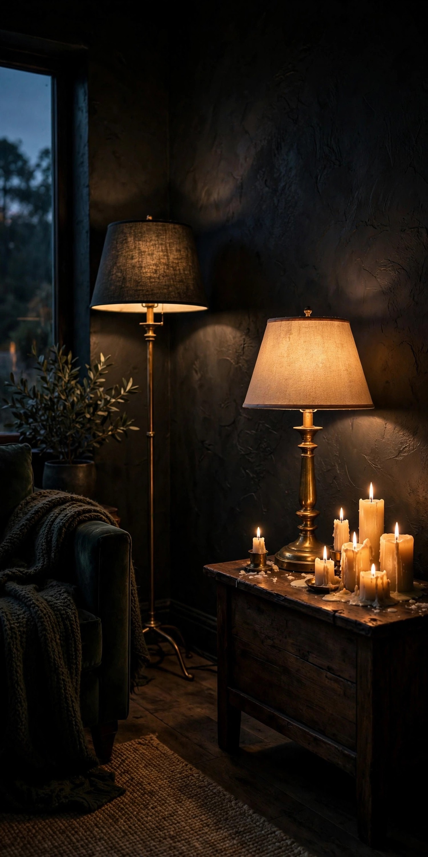 Moody living room corner lit by layered lamps and candles at dusk