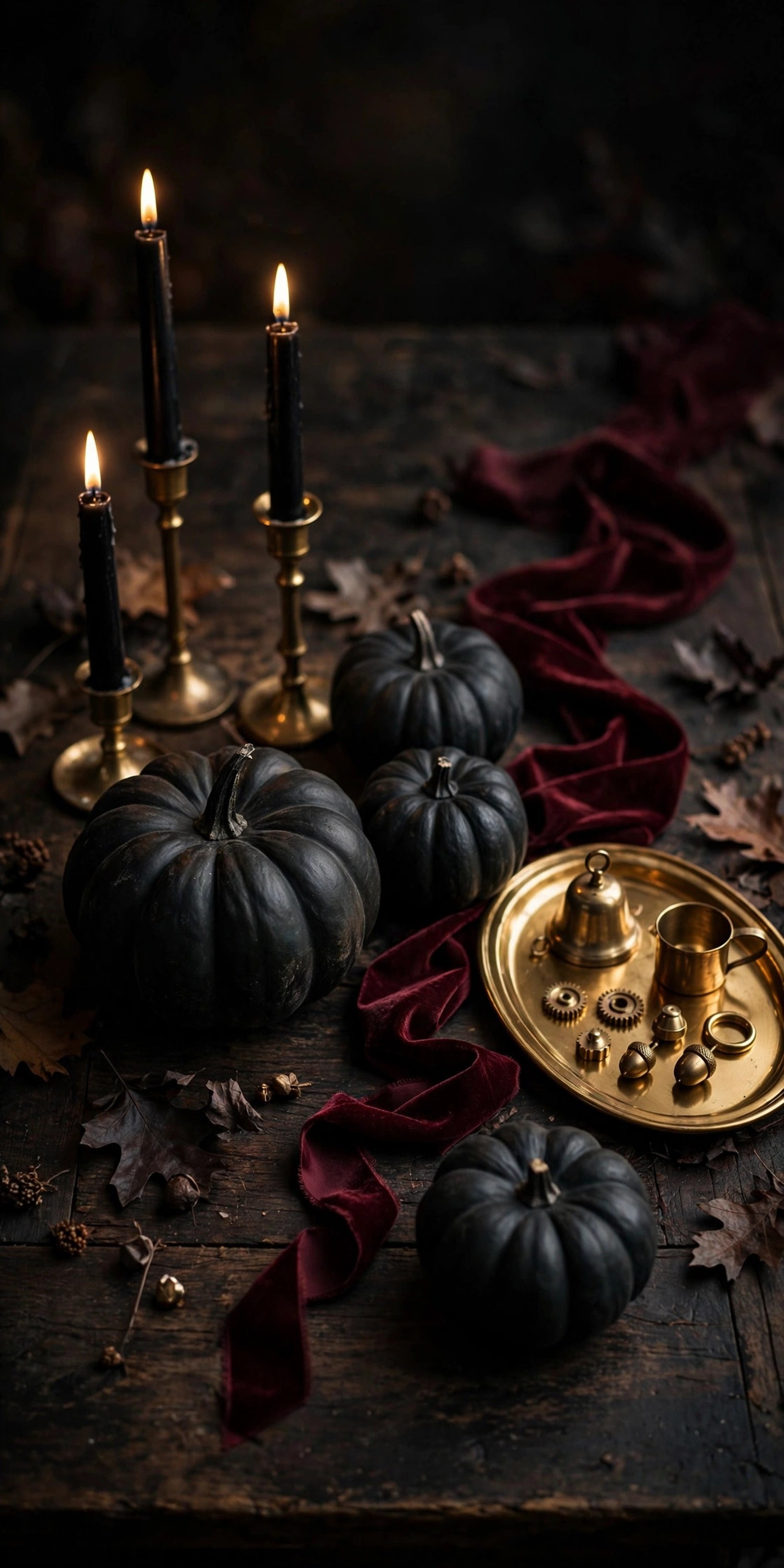 Black pumpkins and black candles with gold tray and burgundy ribbon