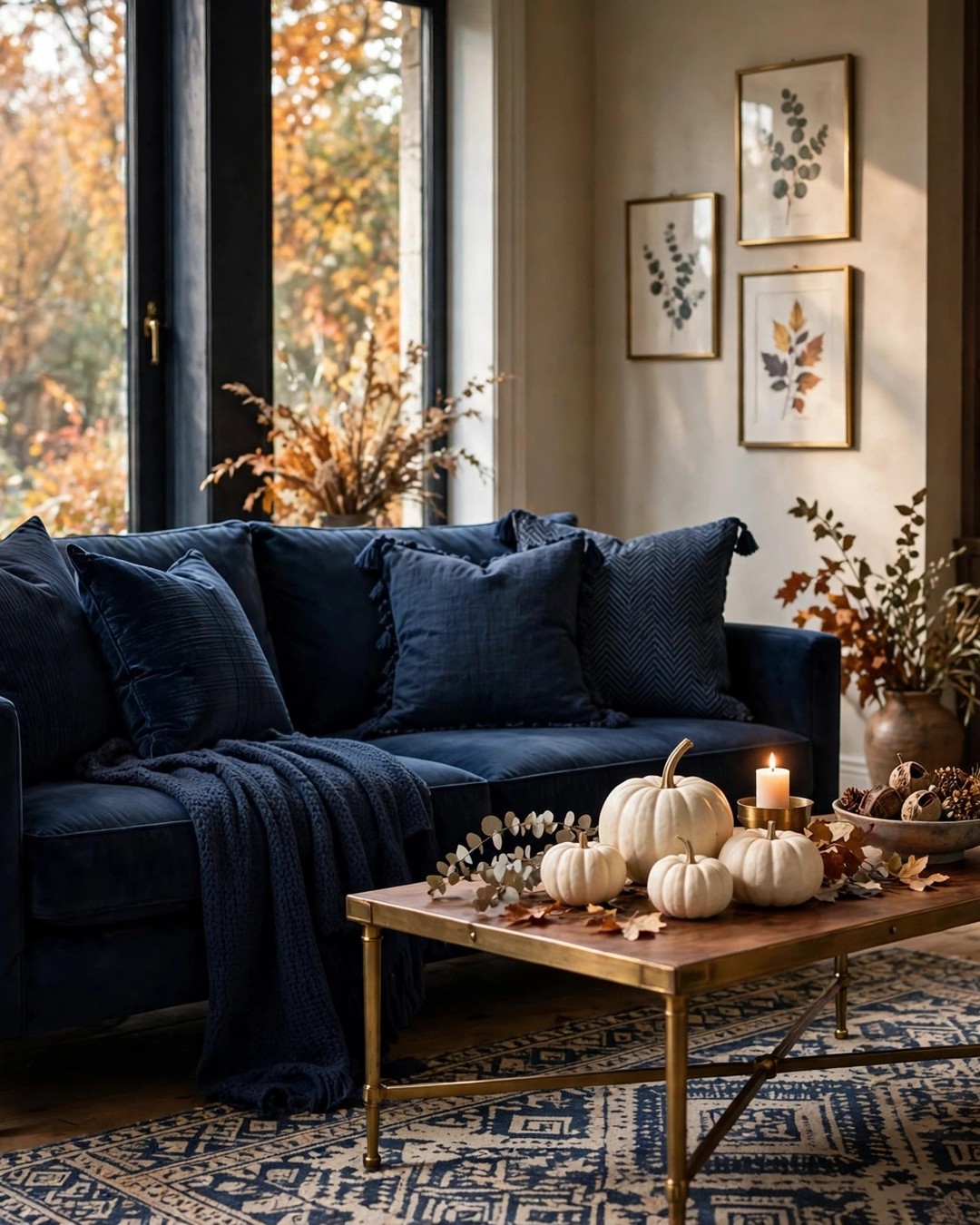 Elegant living room styled for fall with navy blue pillows, white pumpkins, and brass details