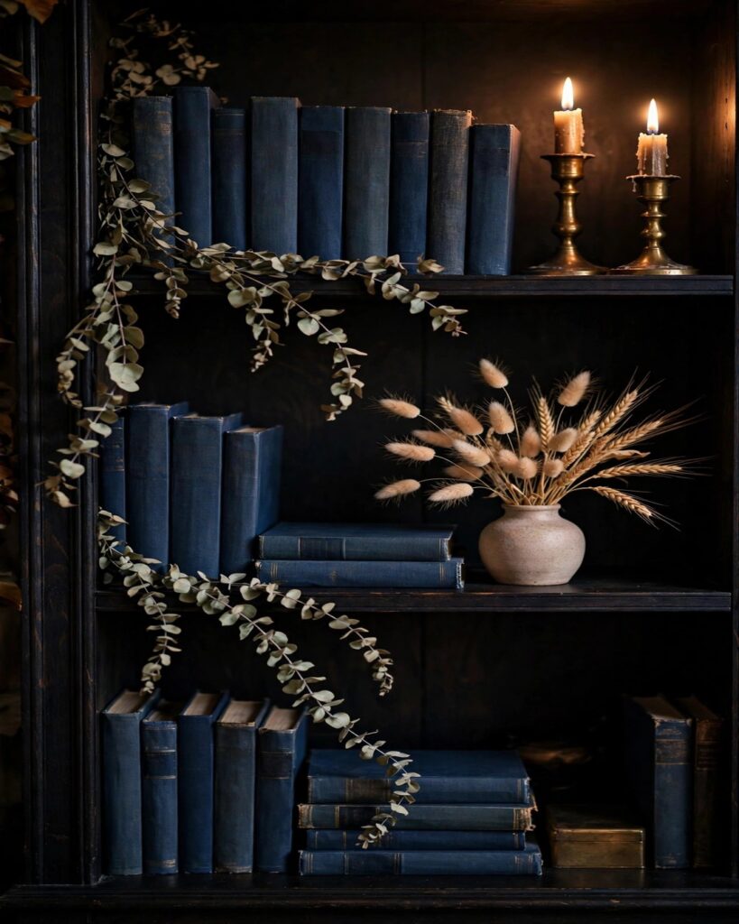 Styled bookshelf with navy books, brass candlesticks and dried botanicals