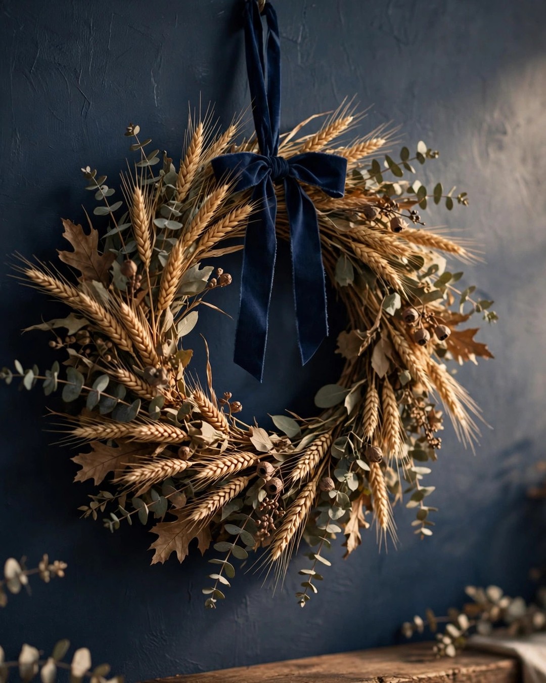 Fall wreath with navy ribbon, dried wheat, and eucalyptus hanging on a wall
