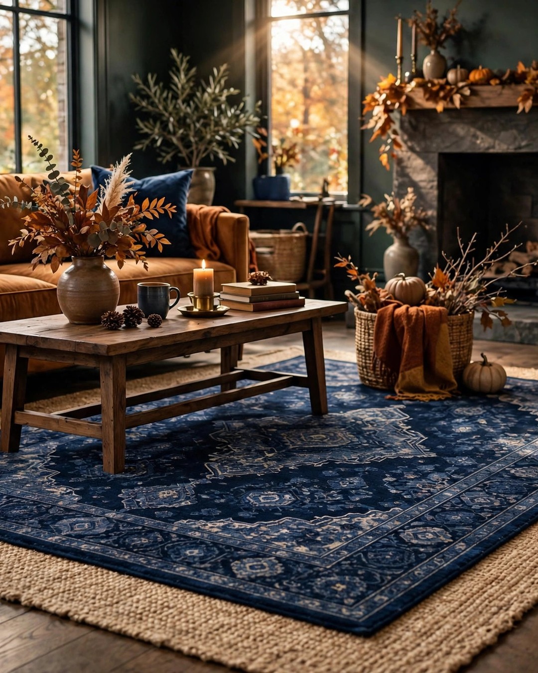 Navy blue patterned area rug layered in a warm fall living room