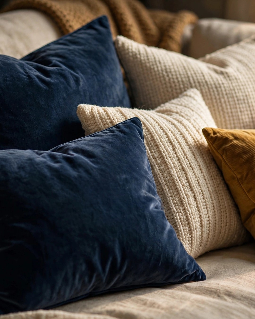 Navy velvet throw pillows mixed with cream and mustard cushions on a neutral sofa
