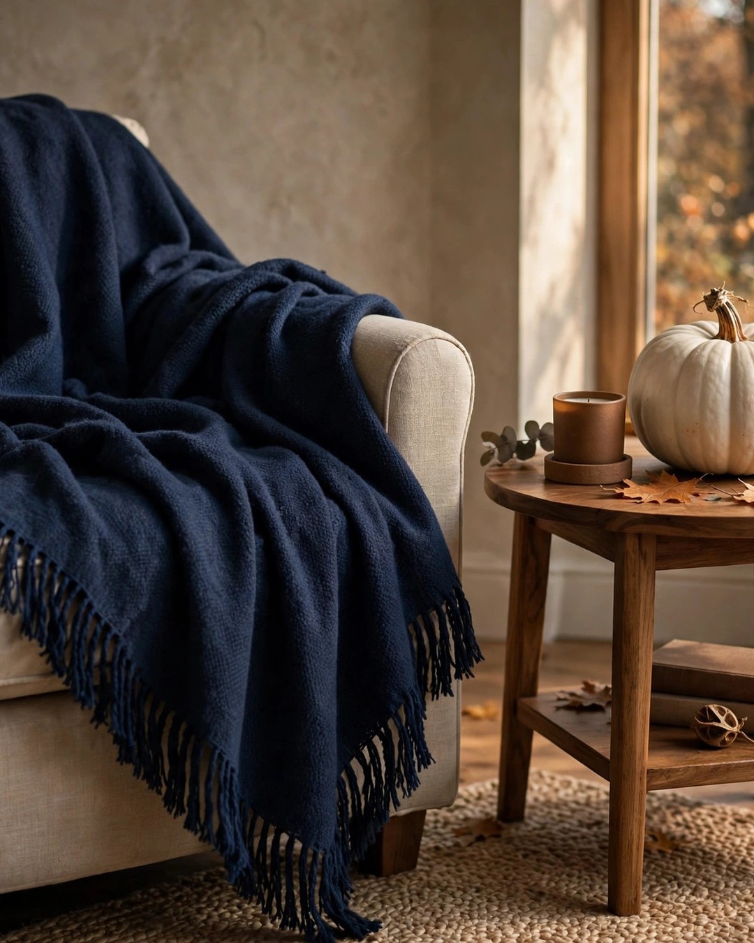 Navy fringed throw blanket draped over a beige armchair with a white pumpkin beside it
