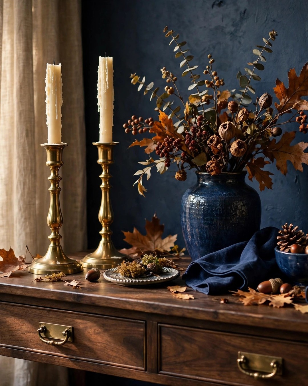 Brass candlesticks with ivory candles and navy accents on a console table