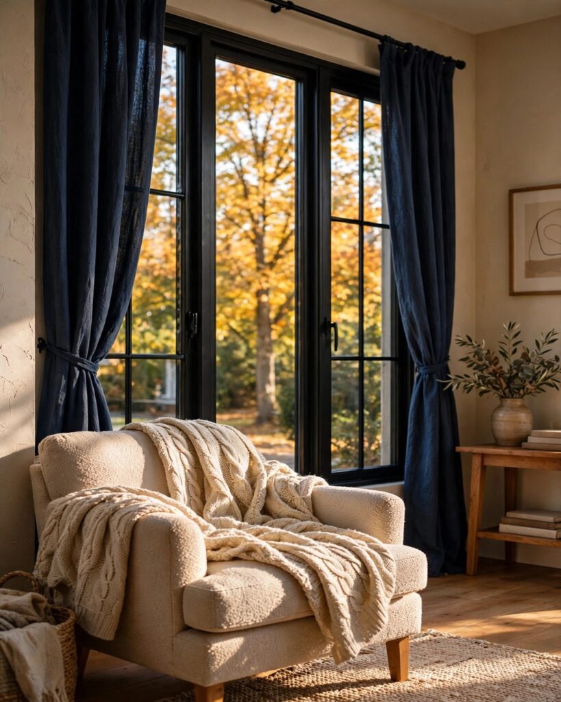 Living room windows with navy blue curtains framing golden autumn trees