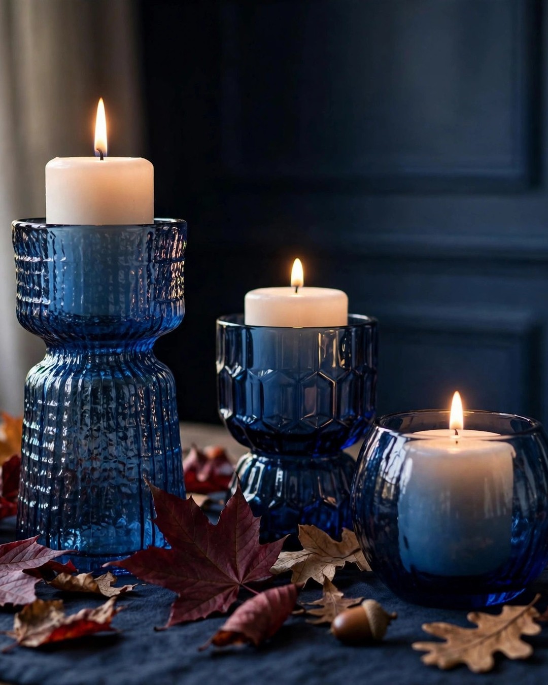Blue glass candle holders with lit white candles surrounded by burgundy fall leaves