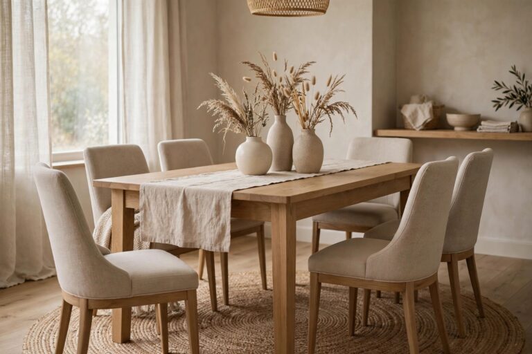 Neutral dining room with oak table, linen runner and dried grass centerpieces
