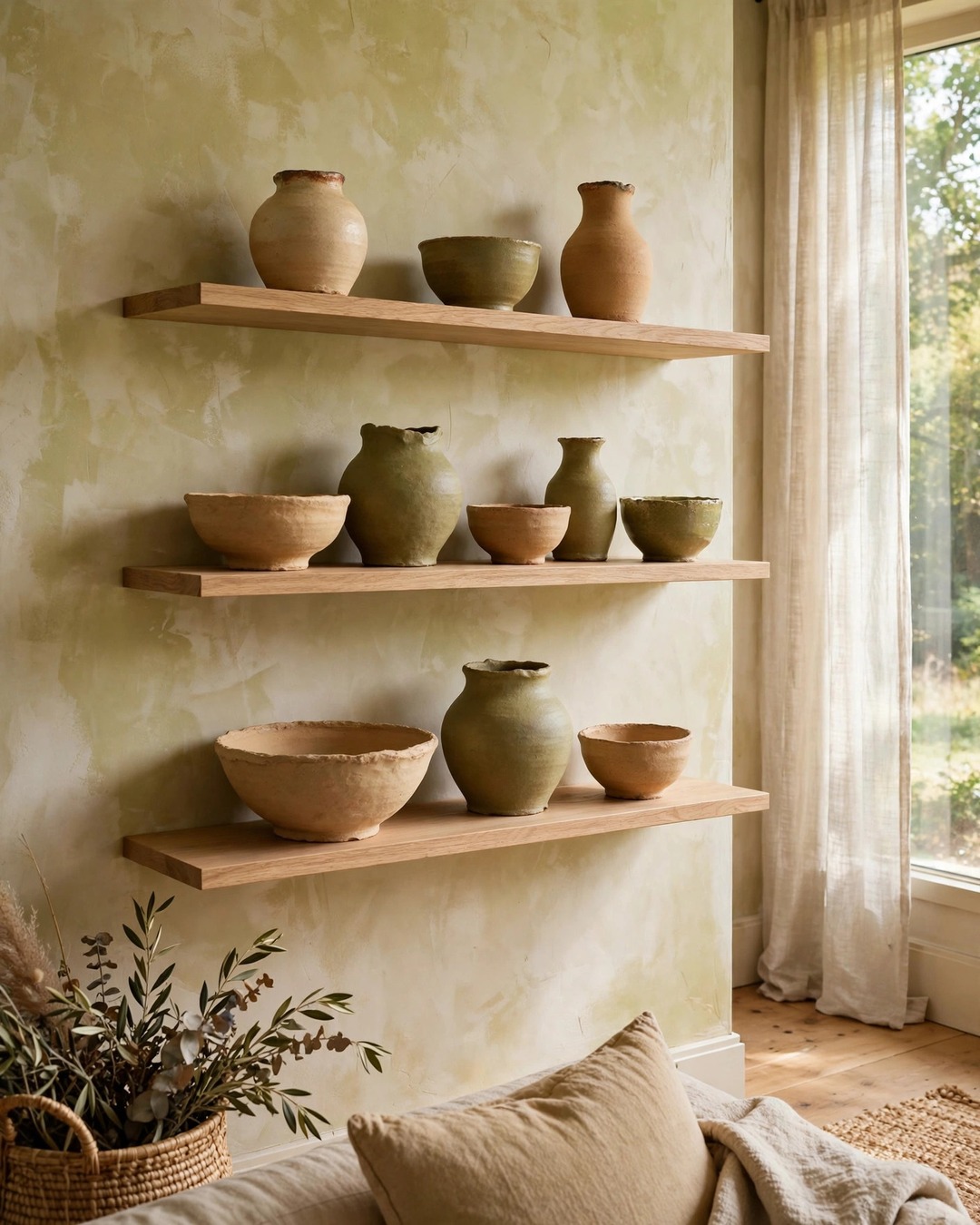 Handmade ceramic vases and bowls in warm white, sand, clay, and olive on oak shelving