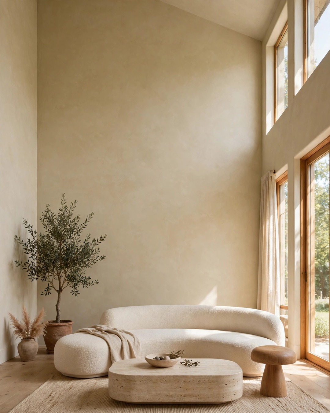 Low-profile organic modern seating: low curved sofa, low travertine table, mushroom side table