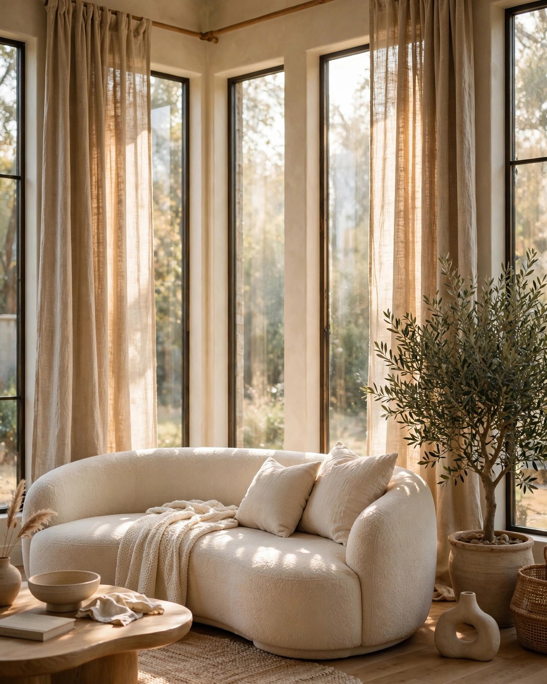 Tall windows dressed in natural flax linen curtains filtering golden daylight
