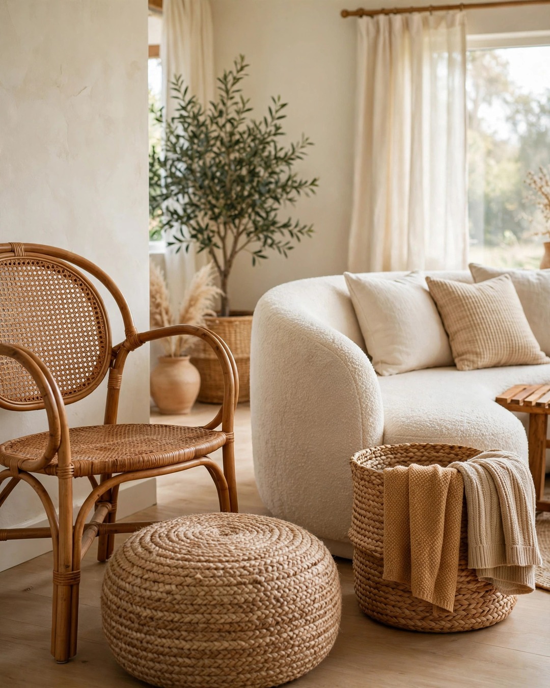 Rattan armchair, jute pouf, and woven seagrass basket in a warm neutral living room