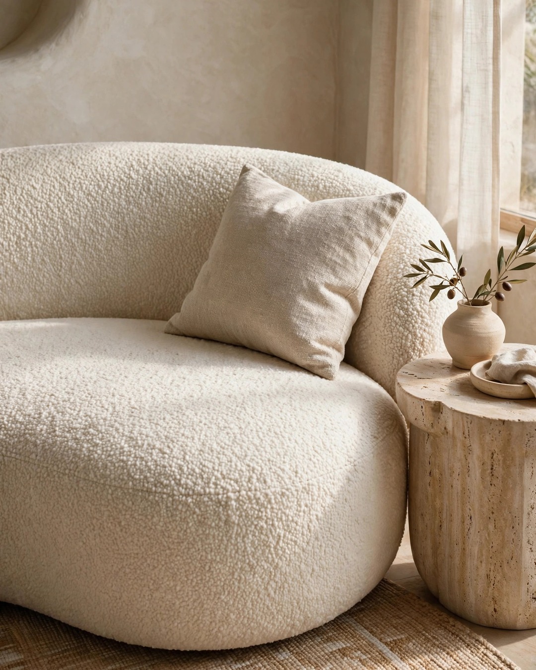 Curved ivory boucle sofa with oatmeal throw pillow beside a travertine side table