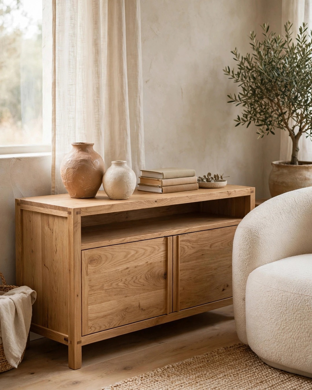Solid light oak media console with visible wood grain styled with ceramic vases