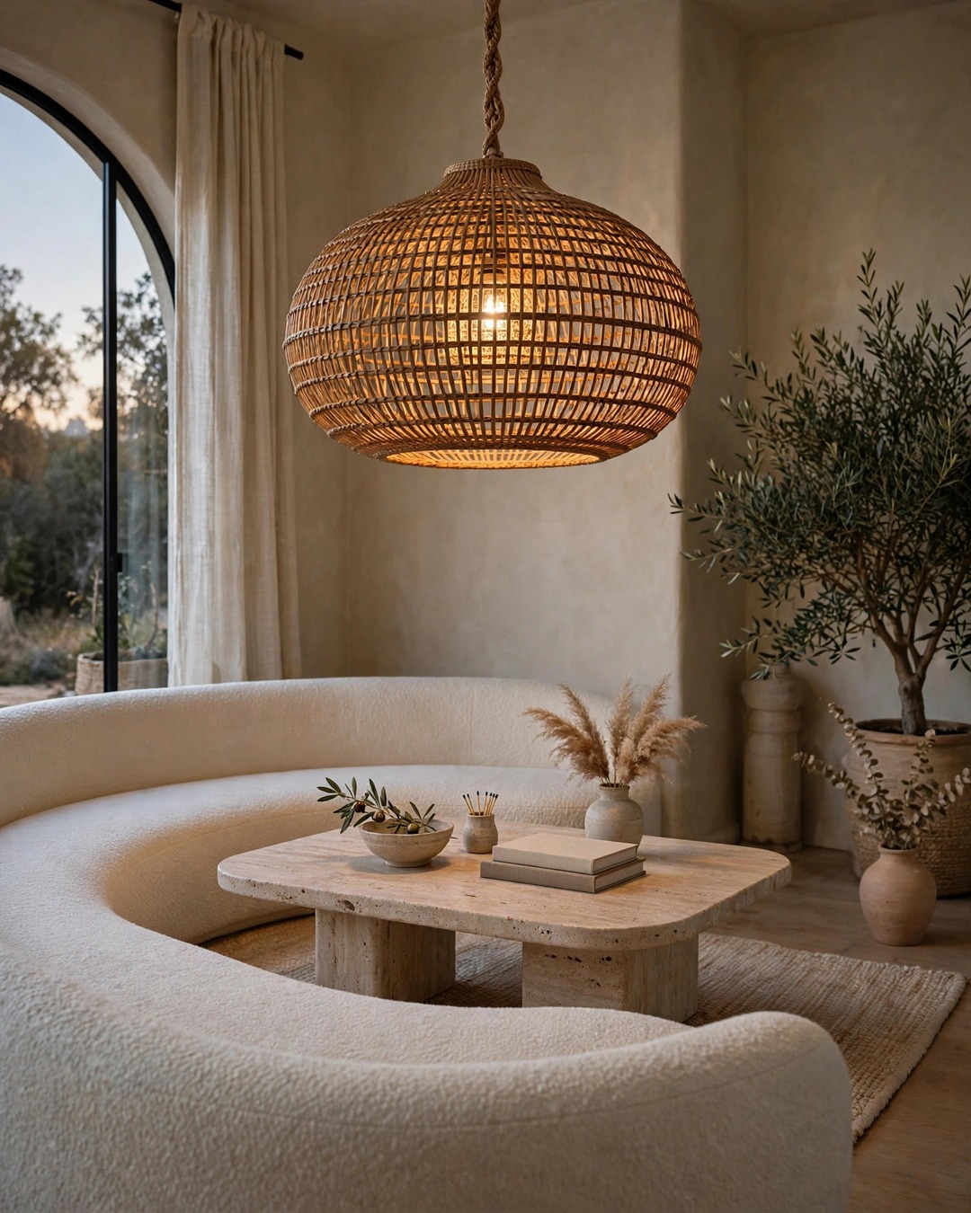 Woven rattan pendant light glowing over a travertine coffee table