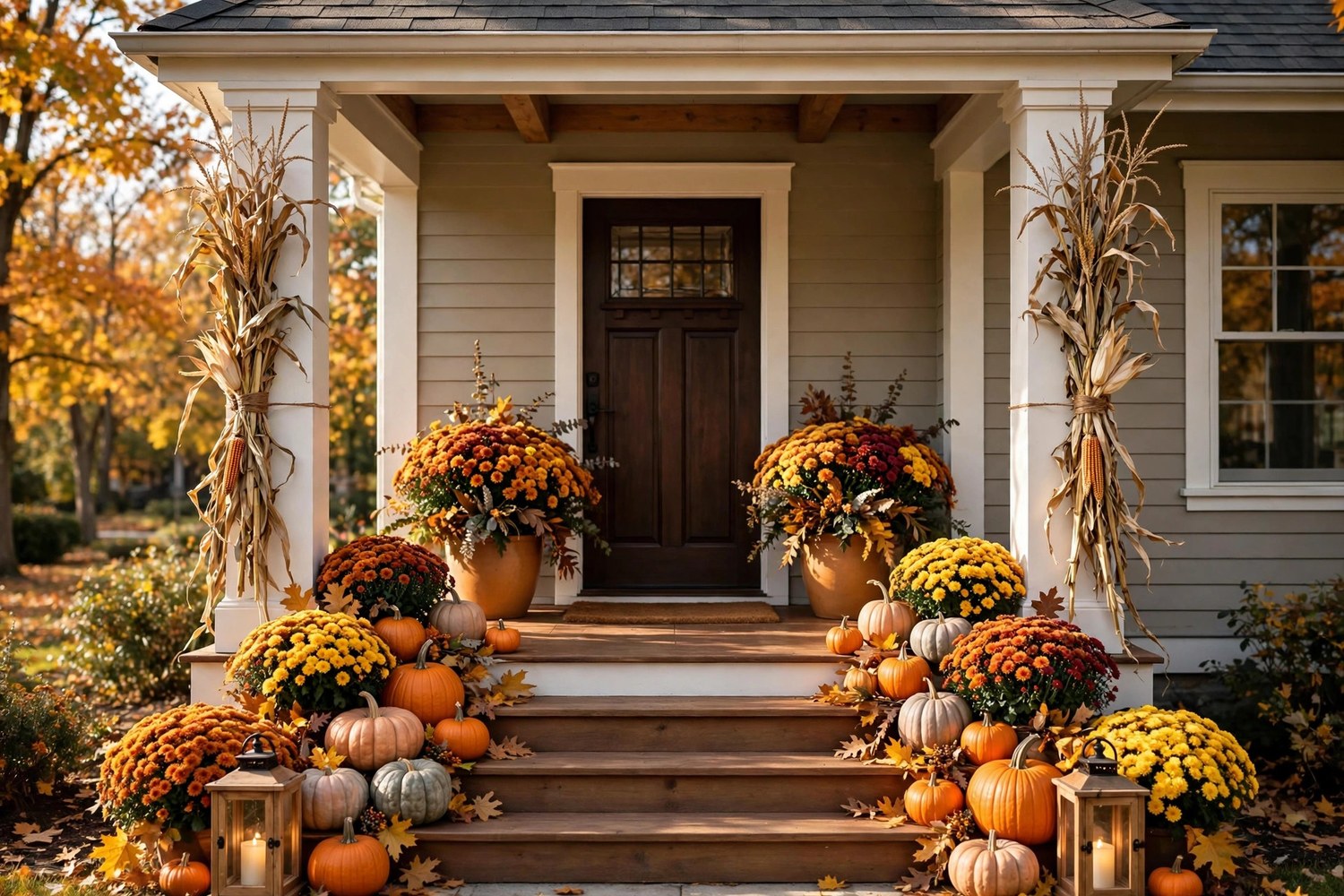 Front porch decorated for fall with pumpkins and mums