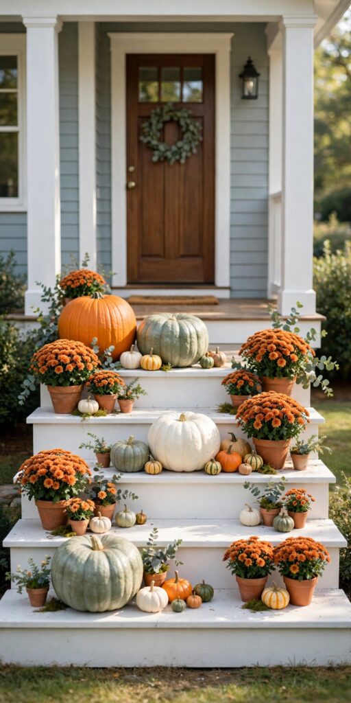 Pumpkins and mums cascading down front porch steps