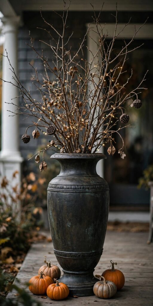 Tall urn with bare branches on front porch