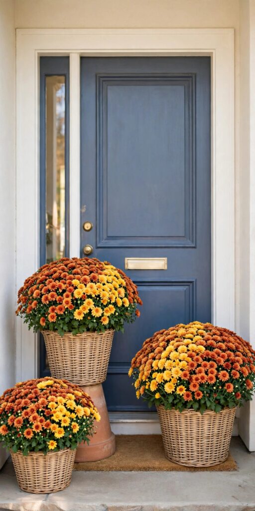 Wicker baskets of mums flanking front door
