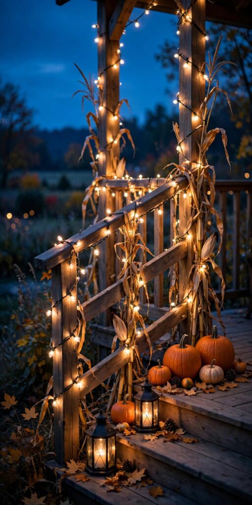 Warm string lights on porch railing at dusk