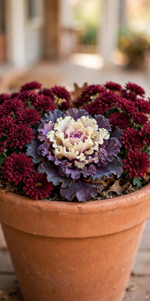 Close-up of fall planter with mums and ornamental kale