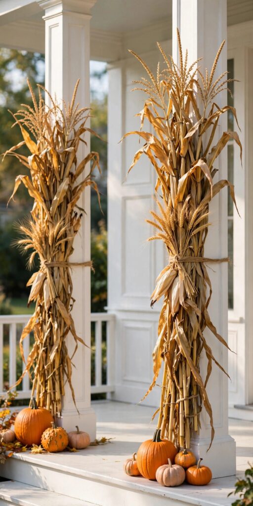 Corn stalks tied to white porch columns