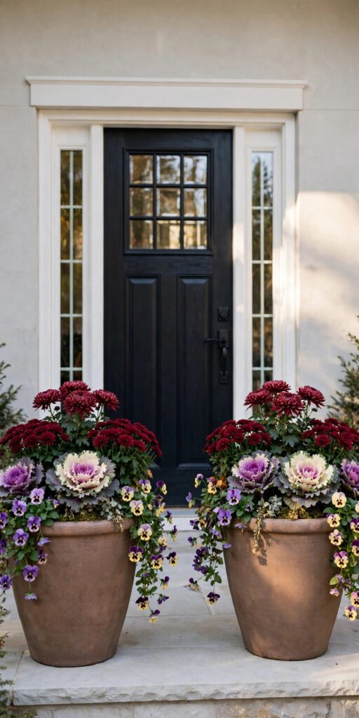 Fall planters with mums and ornamental kale by front door