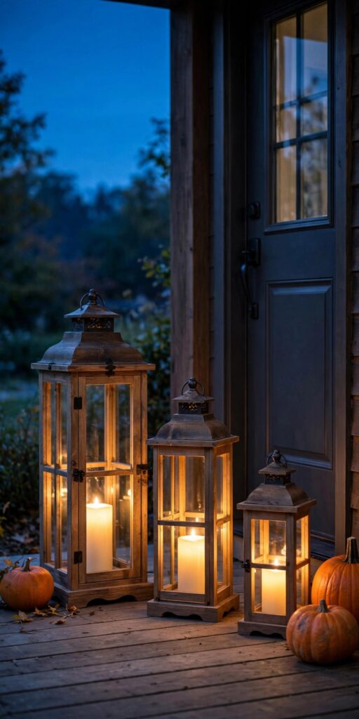 Wooden lanterns with LED candles on porch at dusk