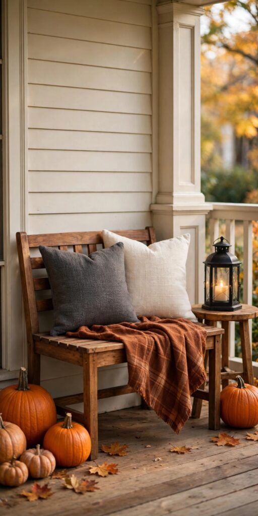 Cozy fall seating nook on porch with plaid throw