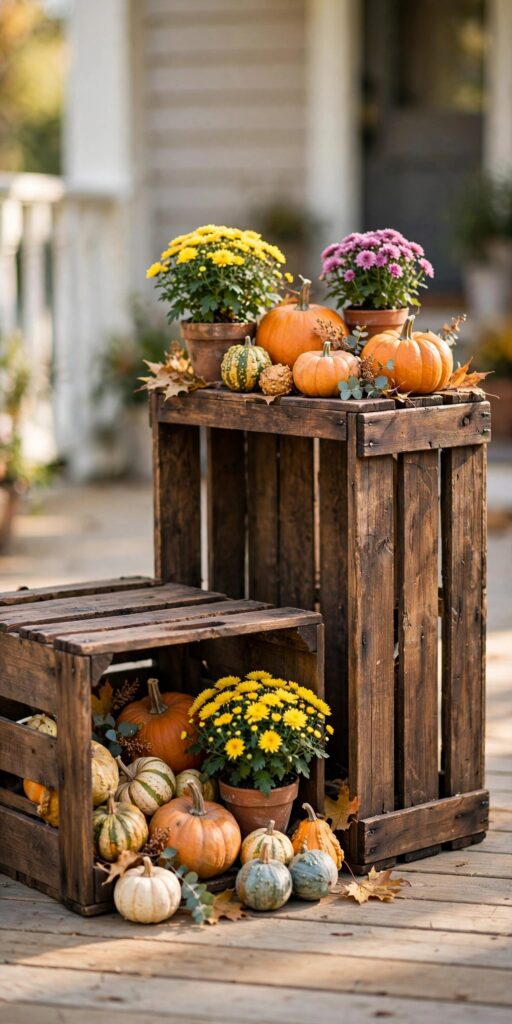 Stacked wooden crates with pumpkins and mums on porch