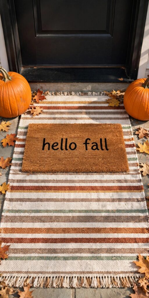 Layered fall doormat over striped outdoor rug
