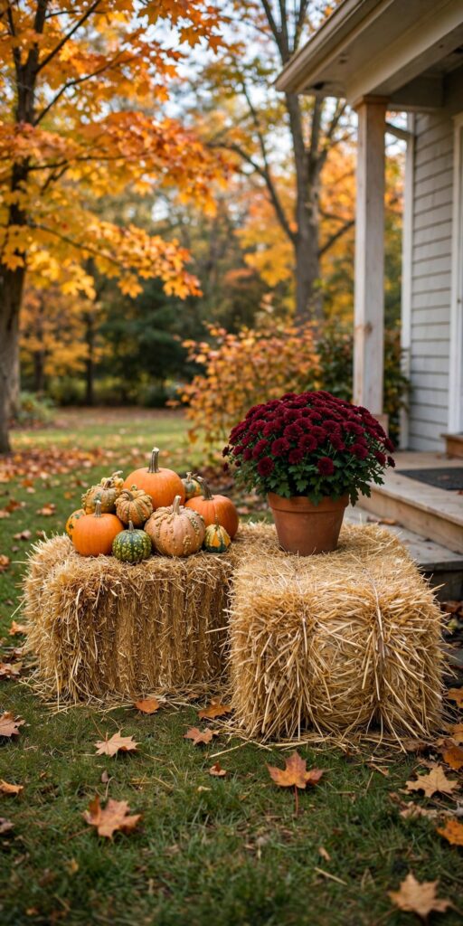Hay bales with pumpkins and gourds in front yard