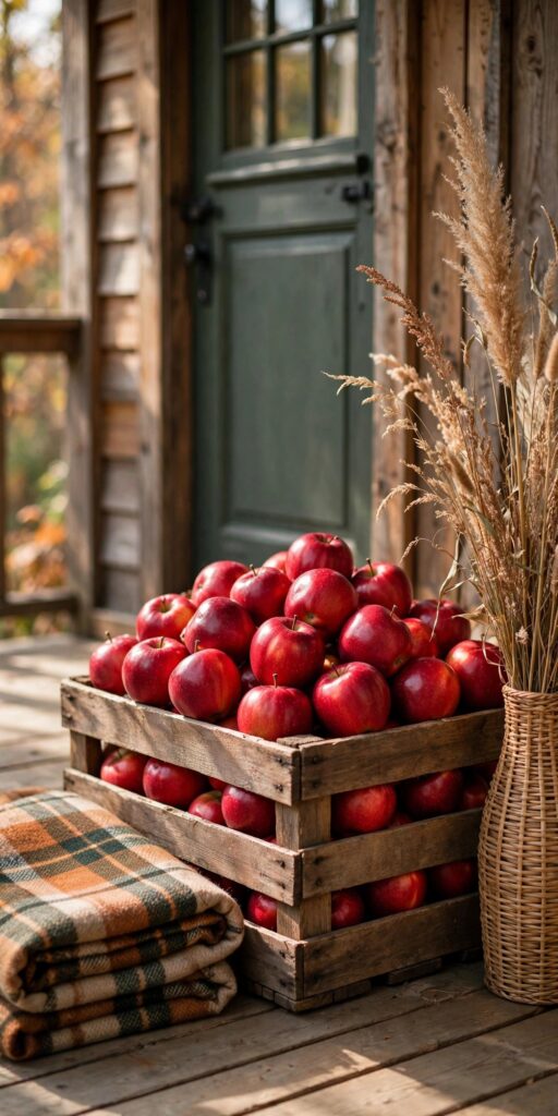 Wooden crate of red apples by front door
