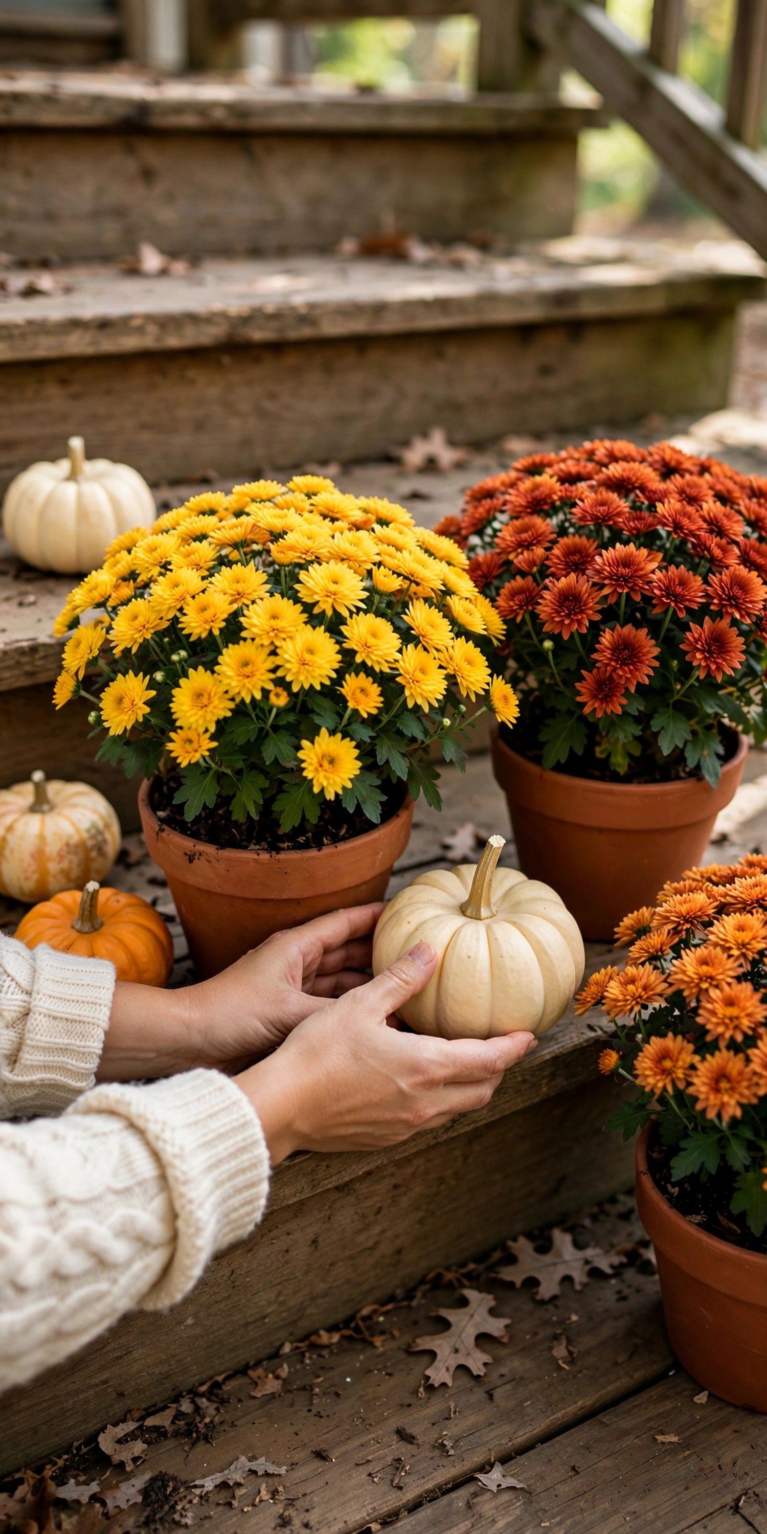 Hands placing a pumpkin among mums on porch steps