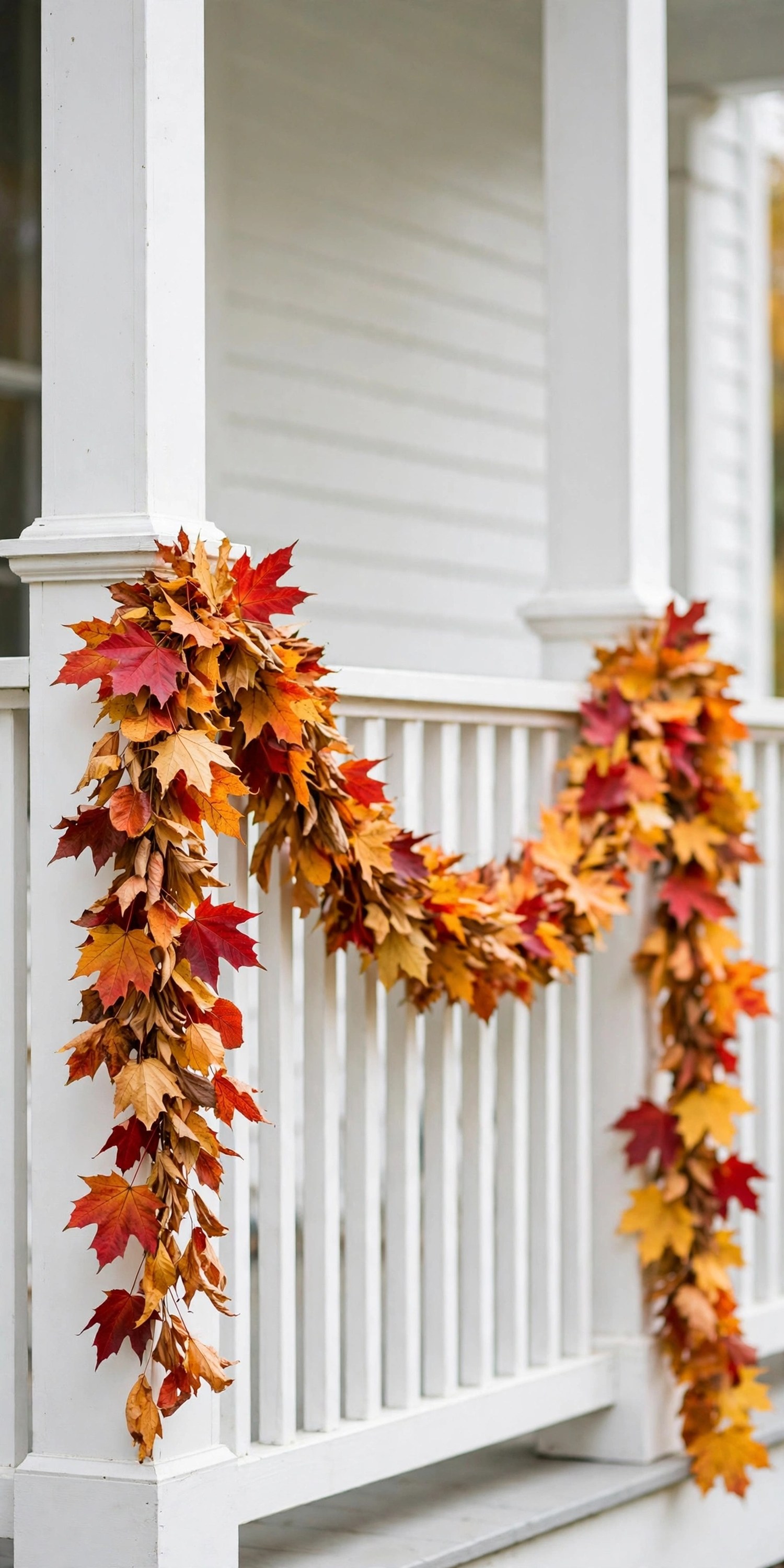 Fall leaf garland swagged across a white porch railing