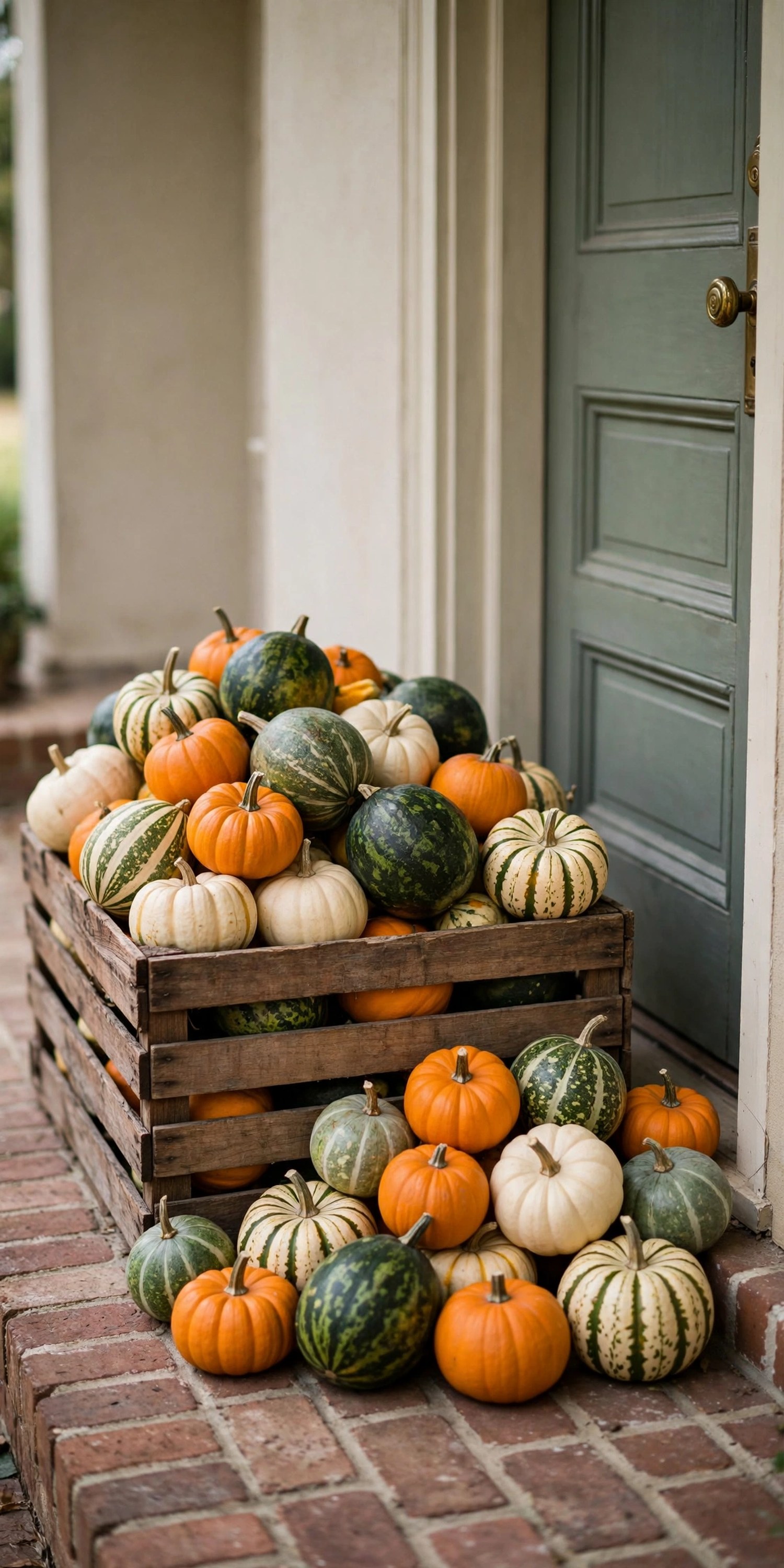 Wooden crate overflowing with gourds and mini pumpkins